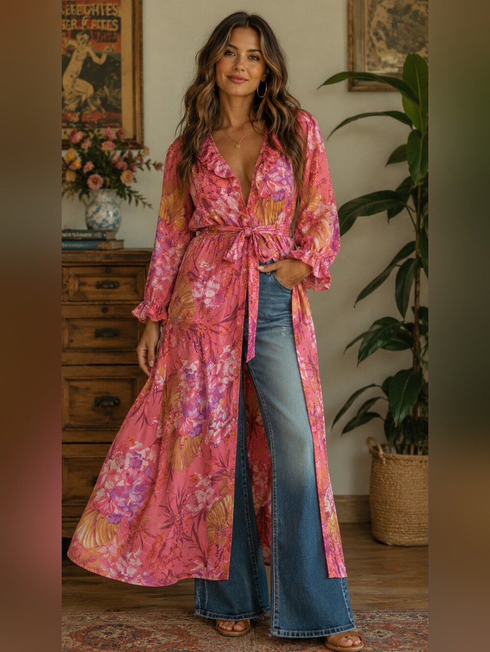 Vintage Pink Floral Maxi Duster Dress  Boho Button Front